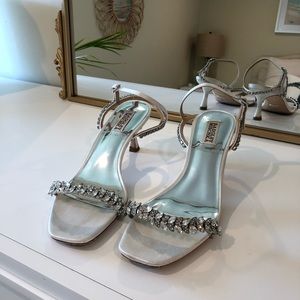 Used once, Bradley Mishka short champagne satin heels